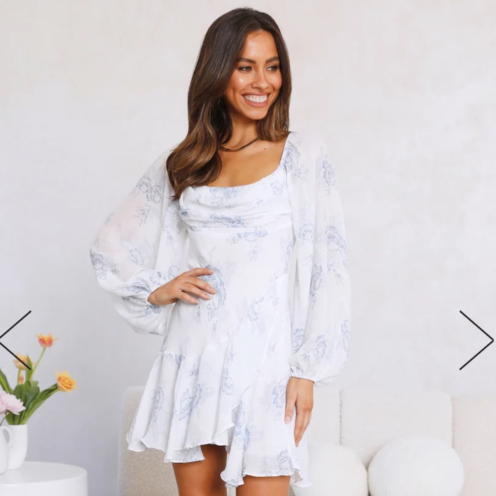 Hello Molly Long Sleeve White and Blue Floral Dress with Cowl Neck